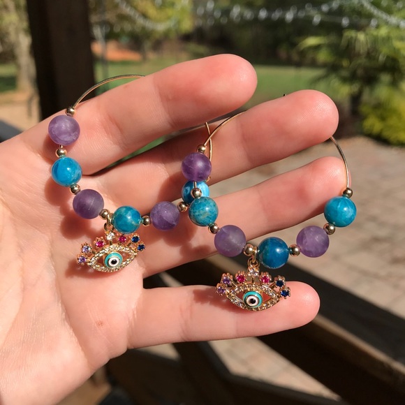 Amethyst Apatite Evil Eye Gold Plated Hoop Earring - Picture 6 of 8